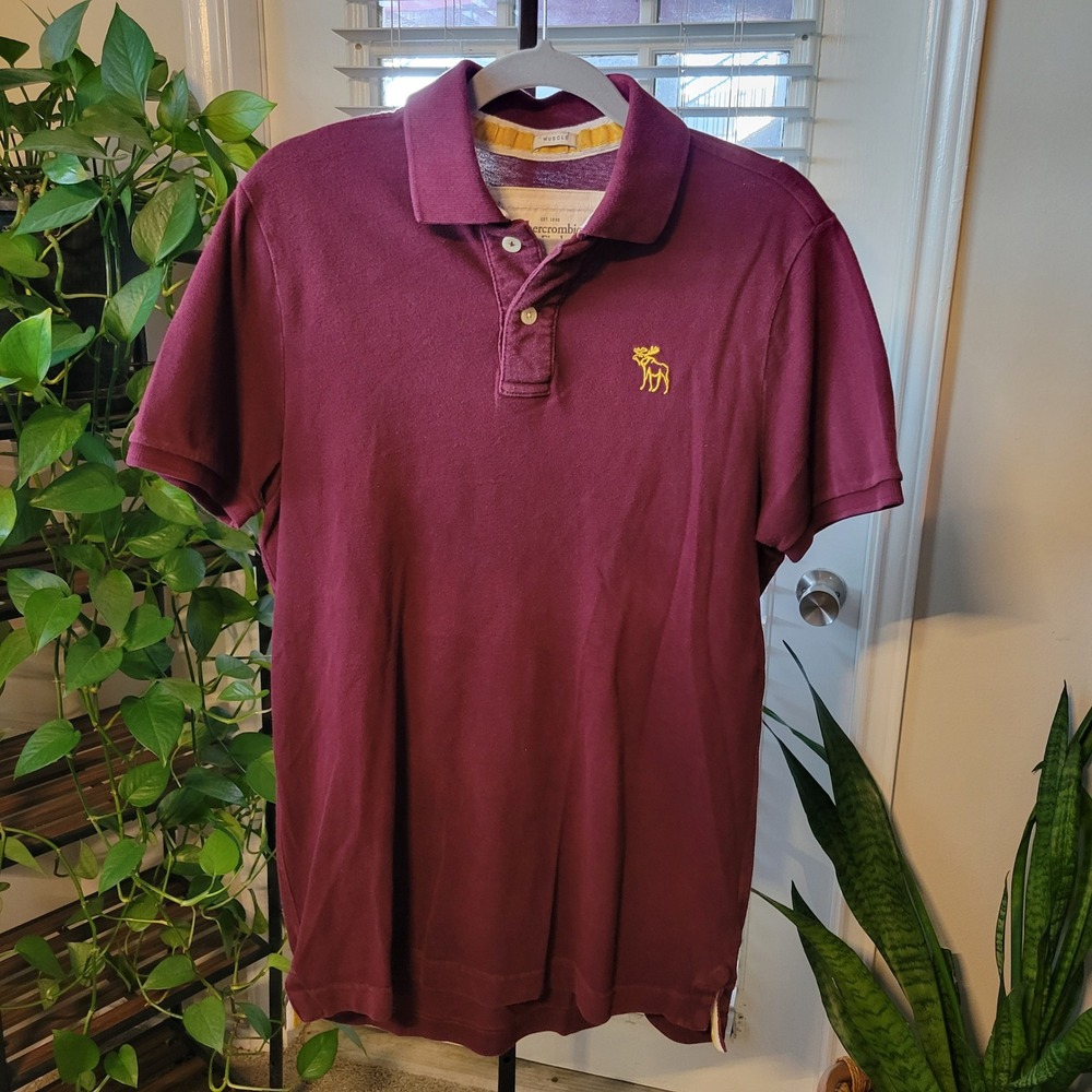Abercrombie & Fitch Mens Muscle Fit Polo Shirt Burgundy Maroon Yellow Moose XXL